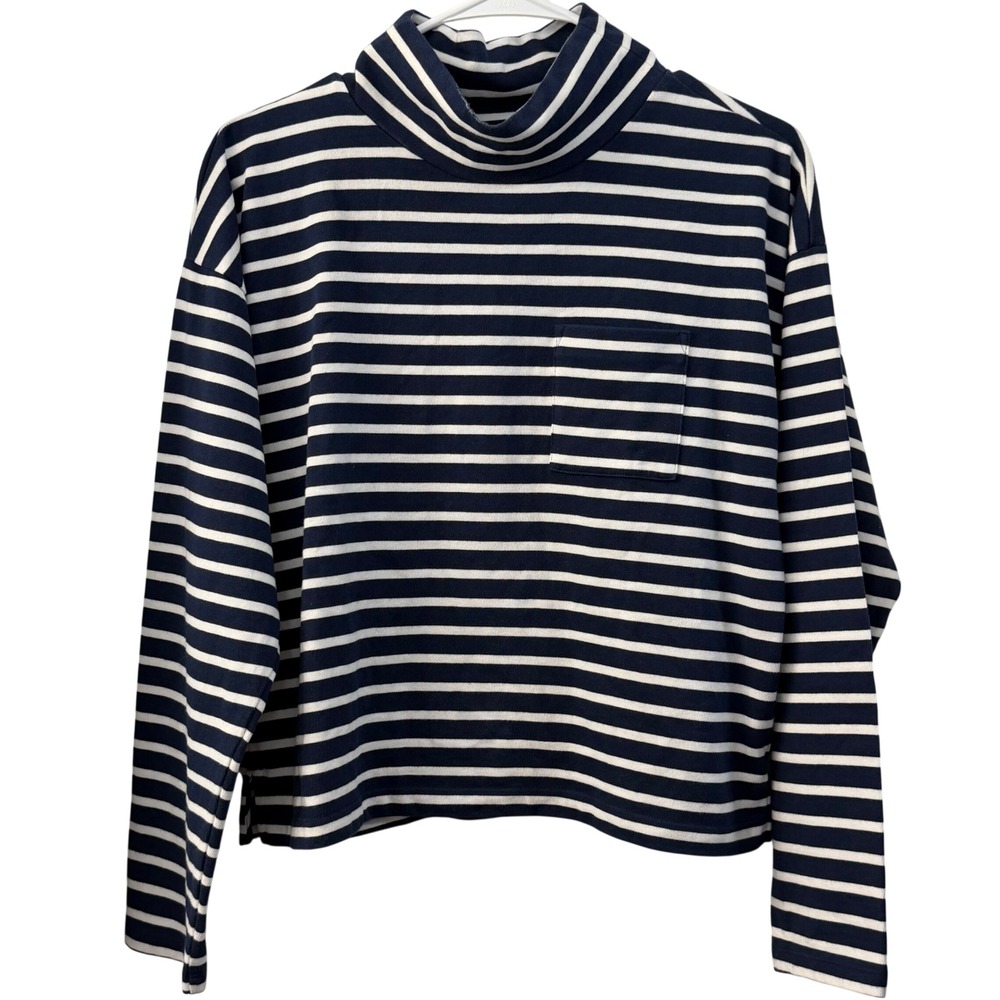 Vineyard Vines Womens XS Organic Cotton Striped‎ Mock Neck Long Sleeve Top Navy
